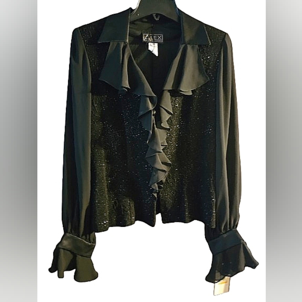 Vintage Alex Evenings Black Sequin Ruffle Blouse S